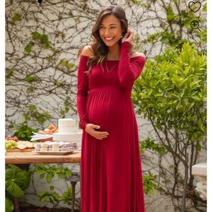 PinkBlush Burgundy Solid Off Shoulder Maternity Maxi Dress